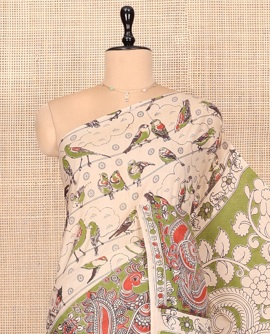 Sandal Kalamkari Cotton Saree, Finely Crafted with Bird Motifs Print, Contrast Peacock Border, Pallu of Peacock Print, and a Matching Blouse