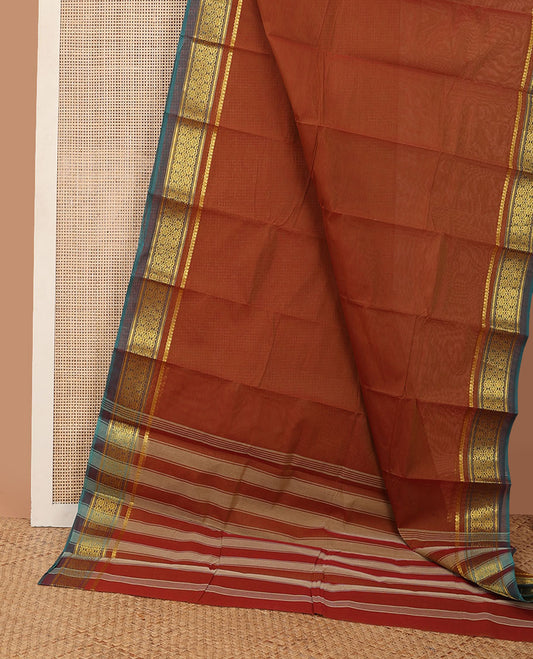 Brown plain design kanchi cotton saree, contrast zari border of traditional designs & striped pallu