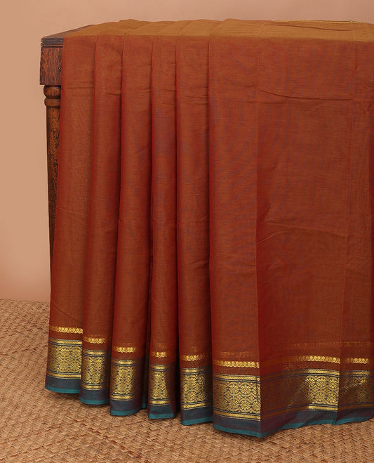 Brown plain design kanchi cotton saree, contrast zari border of traditional designs & striped pallu