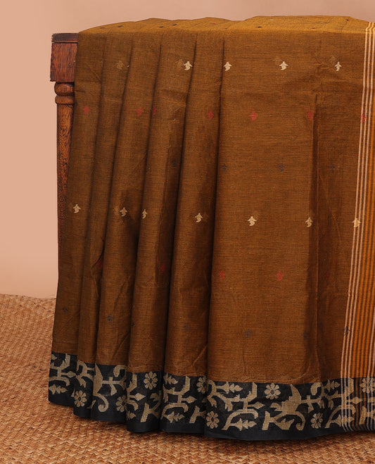 Brown buttas Bengal cotton saree, contrast paithani-style floral border & pallu of stripes & buttas