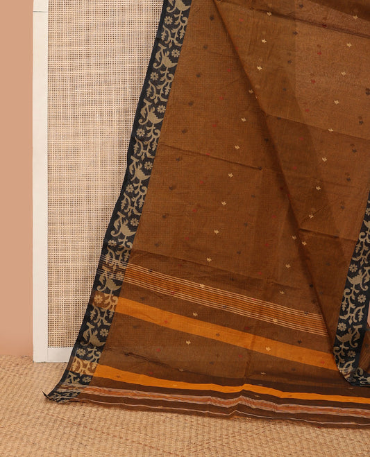 Brown buttas Bengal cotton saree, contrast paithani-style floral border & pallu of stripes & buttas