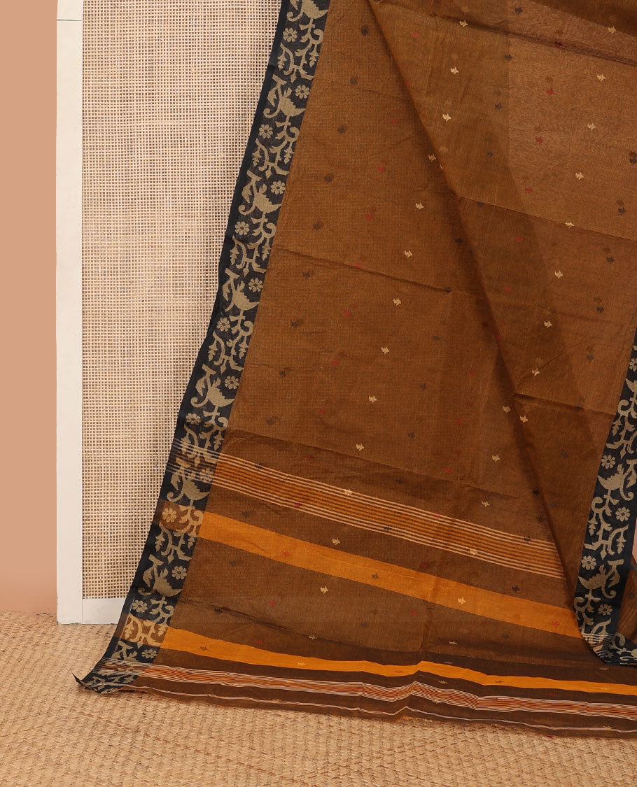 Brown buttas Bengal cotton saree, contrast paithani-style floral border & pallu of stripes & buttas