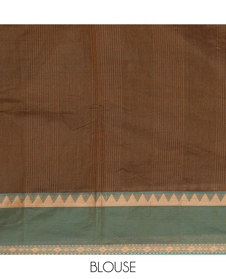 Brown striped, and buttas Kanchi cotton saree, contrast rettai pettu border, and pallu of floral designs