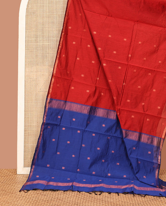 Crimson Red Maheshwari Cotton Saree, Beautifully Designed with Flower Buttas All Over Its Body, Subtly Woven Piping Border, Captivating Contrast Pallu Steeped with Buttas, and Paired with a Contrast Blouse