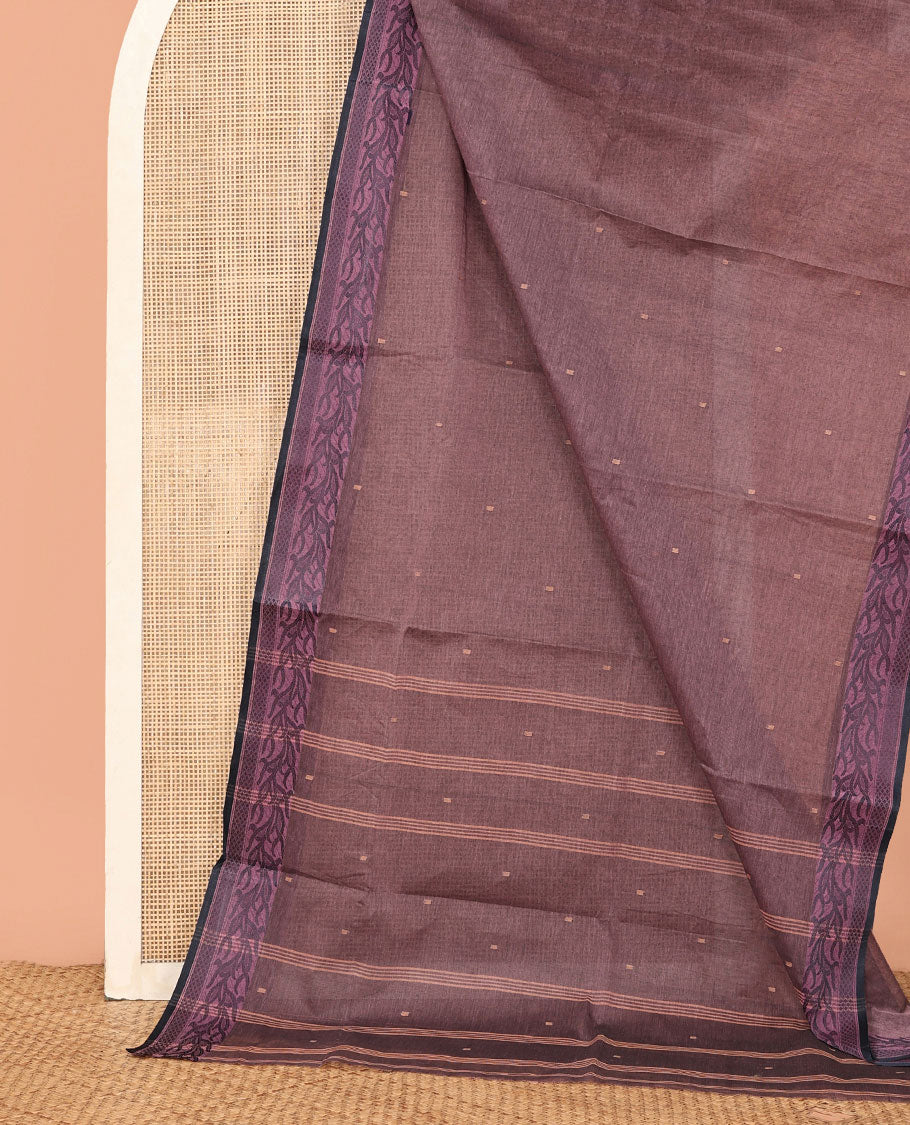 Brown Bengal Cotton Saree, Adorned with Buttas, a Self-Border of Vine Design, Striped Pallu, and No Blouse