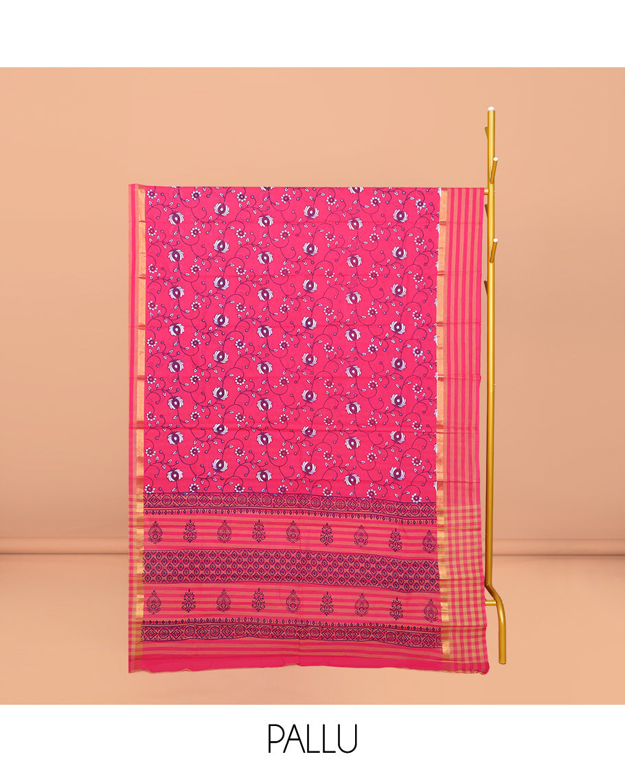 Rani Pink  Chirala Cotton Saree, Embellished with Floral Vine Print, Striped Border, Printed Pallu, and a Matching Blouse