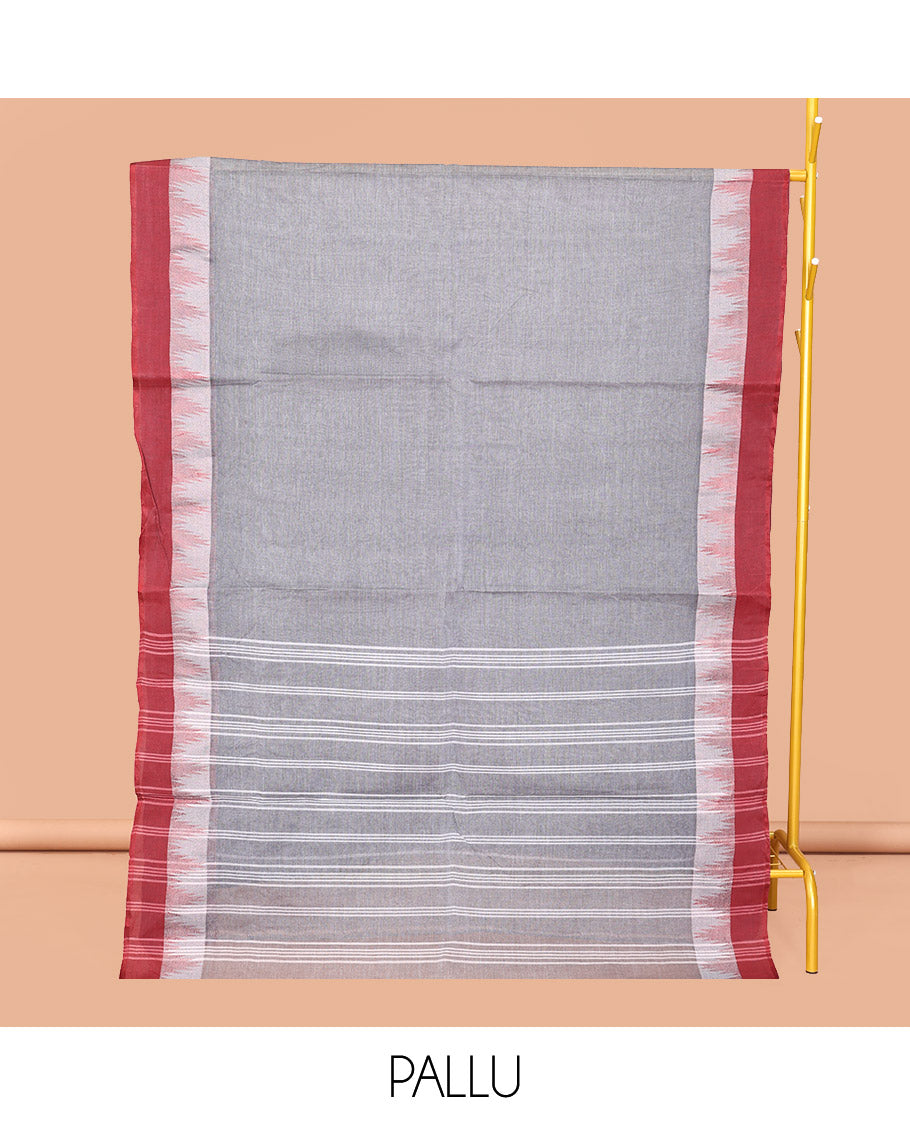 Grey Plain Bengal Cotton Saree, Contrast Temple Border, Pallu of Stripes, and Matching Blouse