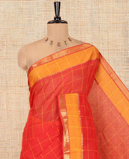 Red Andhra Cotton Saree, Subtly Sparkled with Checks, a Contrast Zari Traditional Border, Striped Pallu, and a Matching Blouse
