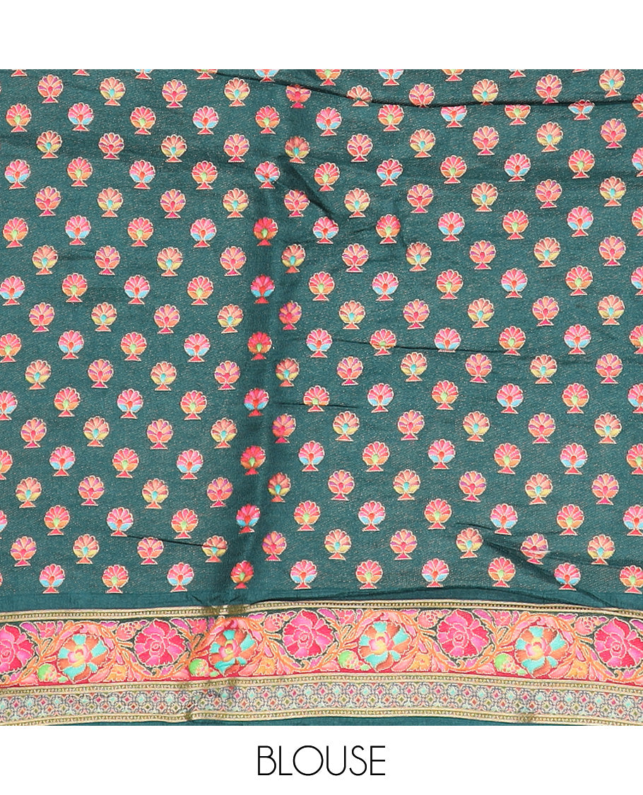 Green floral vine, and birds printed dola silk saree, contrast meenakari floral creeper border, and temple motif pallu