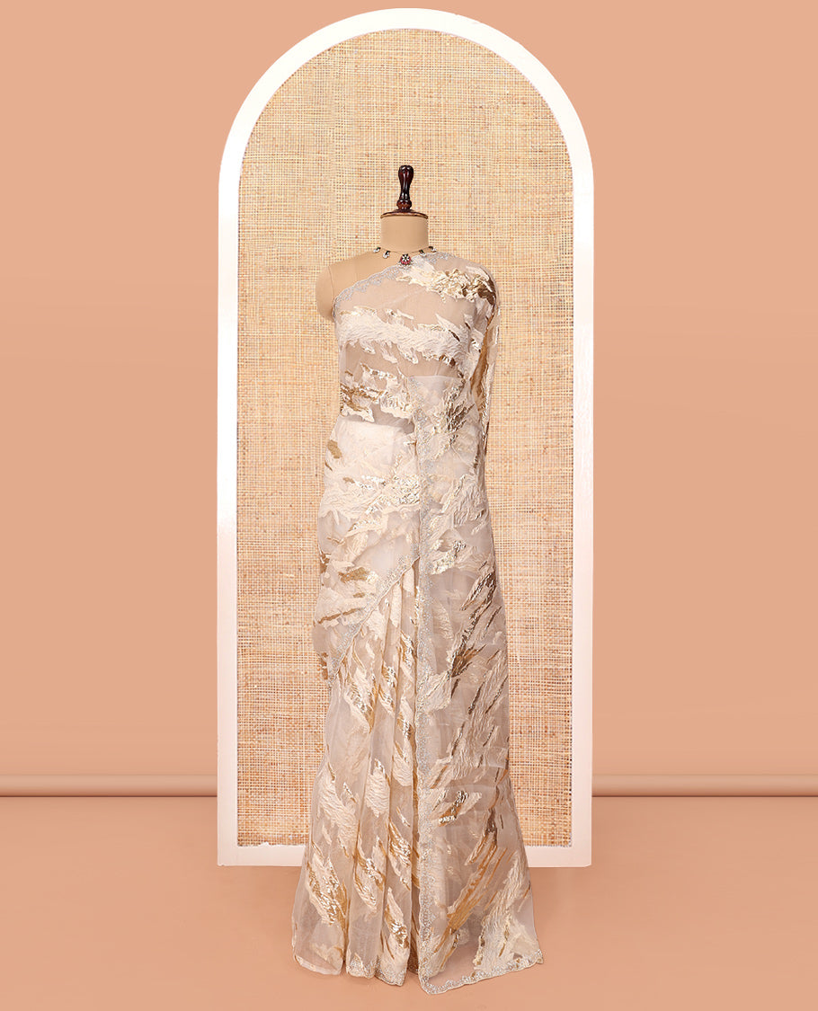 Gold Turkey Organza Saree, Adorned with Abstract-Style Gold Thread Work, Swarovski Stonework Border, and Matching Blouse