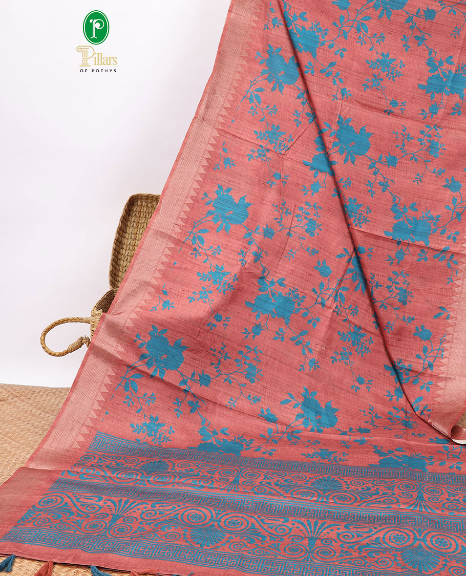 Red  floral design semi-banaras tussar saree with self temple zari border & floral design pallu
