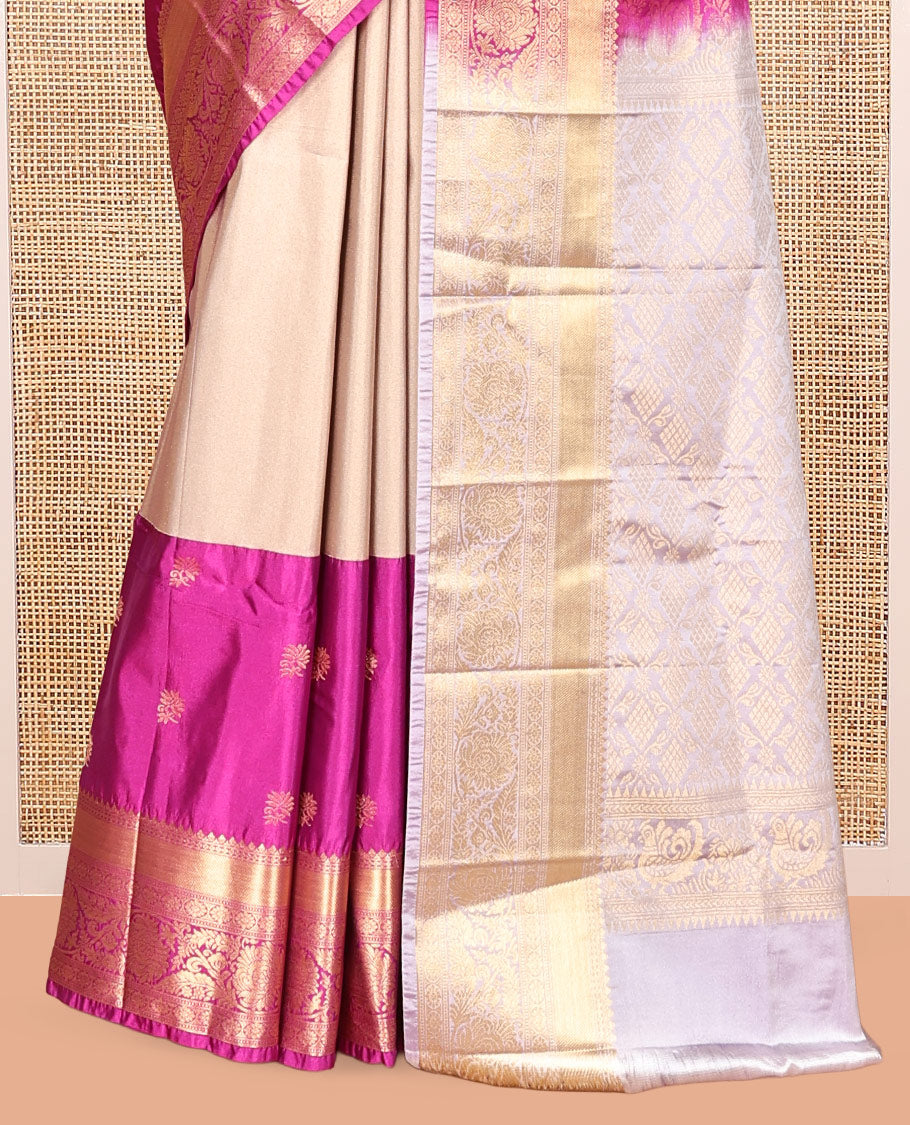 Pink Half-And-Half Budget Silk Saree Features Buttas, Traditional Border, Grand Pallu, Contrast Blouse