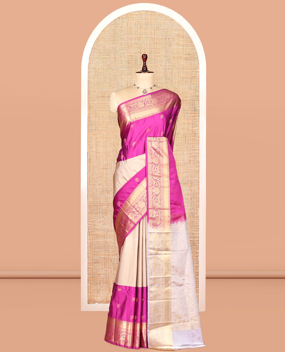 Pink Half-And-Half Budget Silk Saree Features Buttas, Traditional Border, Grand Pallu, Contrast Blouse