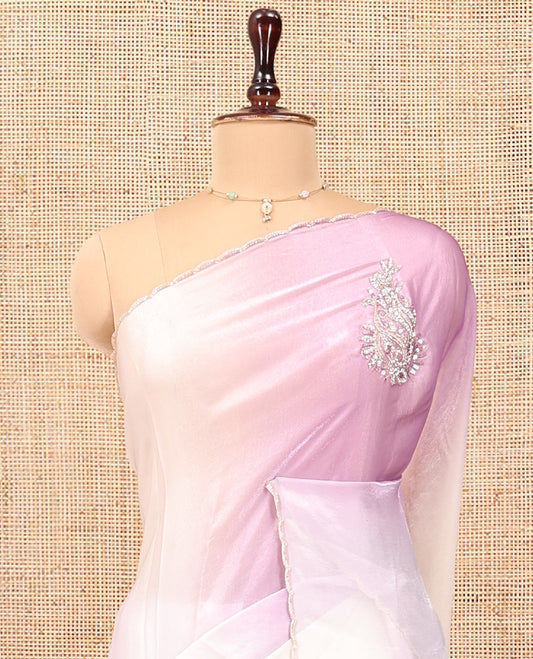 Lavender and Cream Designer Saree, Gracefully Embellished with Embroidered Buttas All Over Its Body, Scallop Embroidered Border, And Paired with a Matching Stone Work Blouse