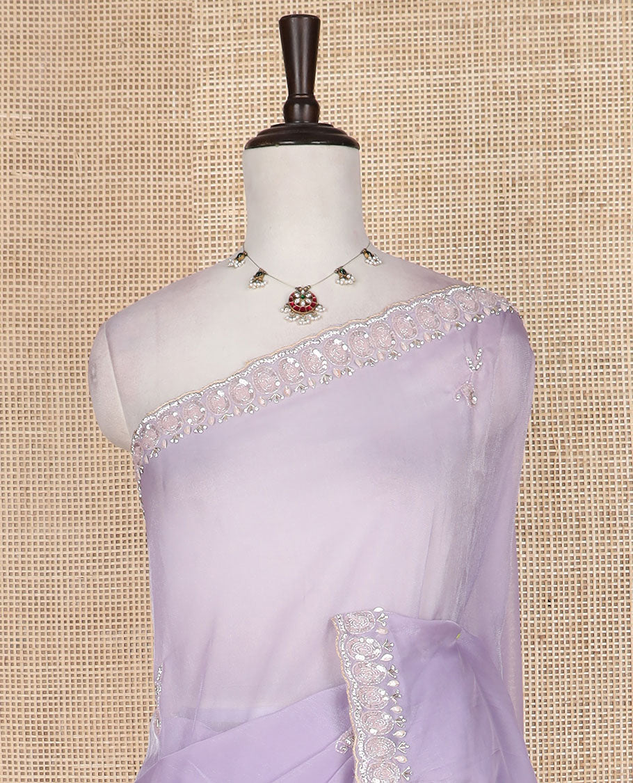 Lavender embroidered motifs woven designer saree, embroidered scallop border