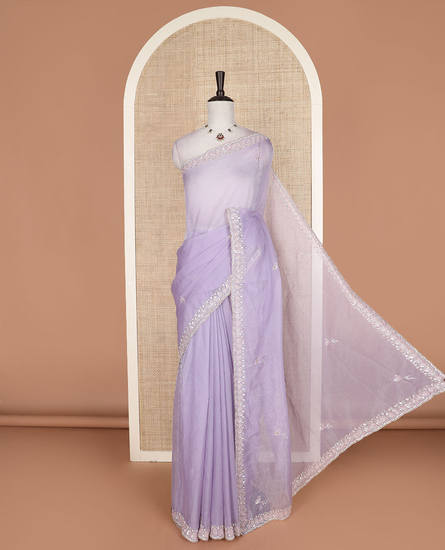 Lavender embroidered motifs woven designer saree, embroidered scallop border