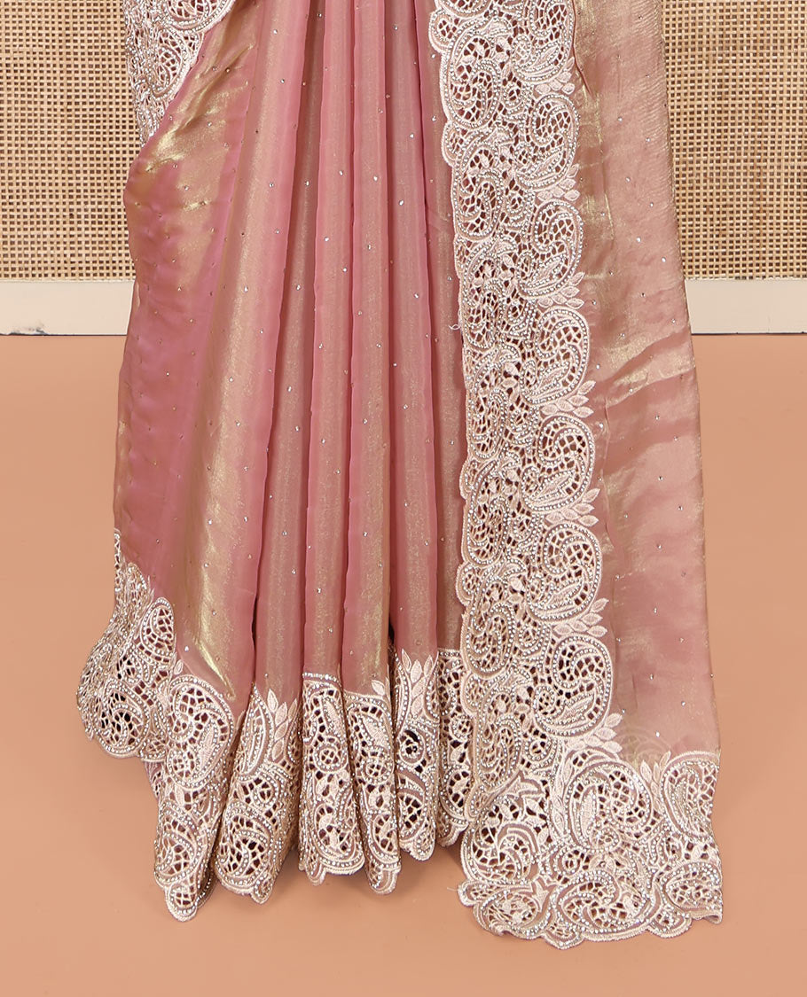 Peach Designer Saree, Crafted with Stone Work All Over Its Body, a Scallop Cut-Embroidered Border, and Matching Blouse