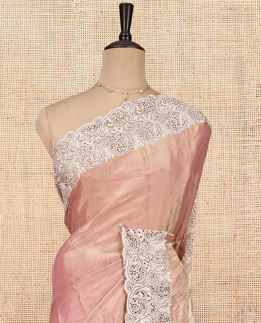 Peach Designer Saree, Crafted with Stone Work All Over Its Body, a Scallop Cut-Embroidered Border, and Matching Blouse