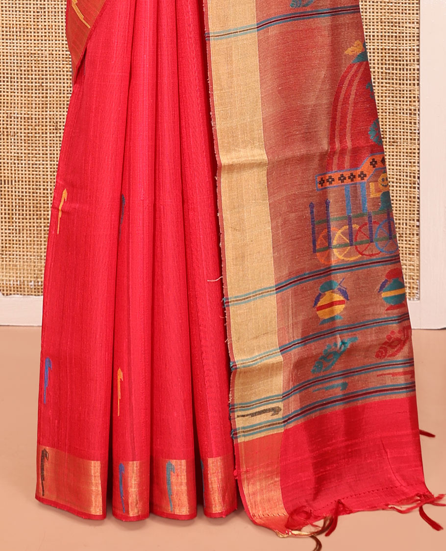 Red Dupion Silk Saree, Bedecked with Muniya Buttas, a Muniya Border, Pallu Depicts Colorful Designs, and a Matching Blouse