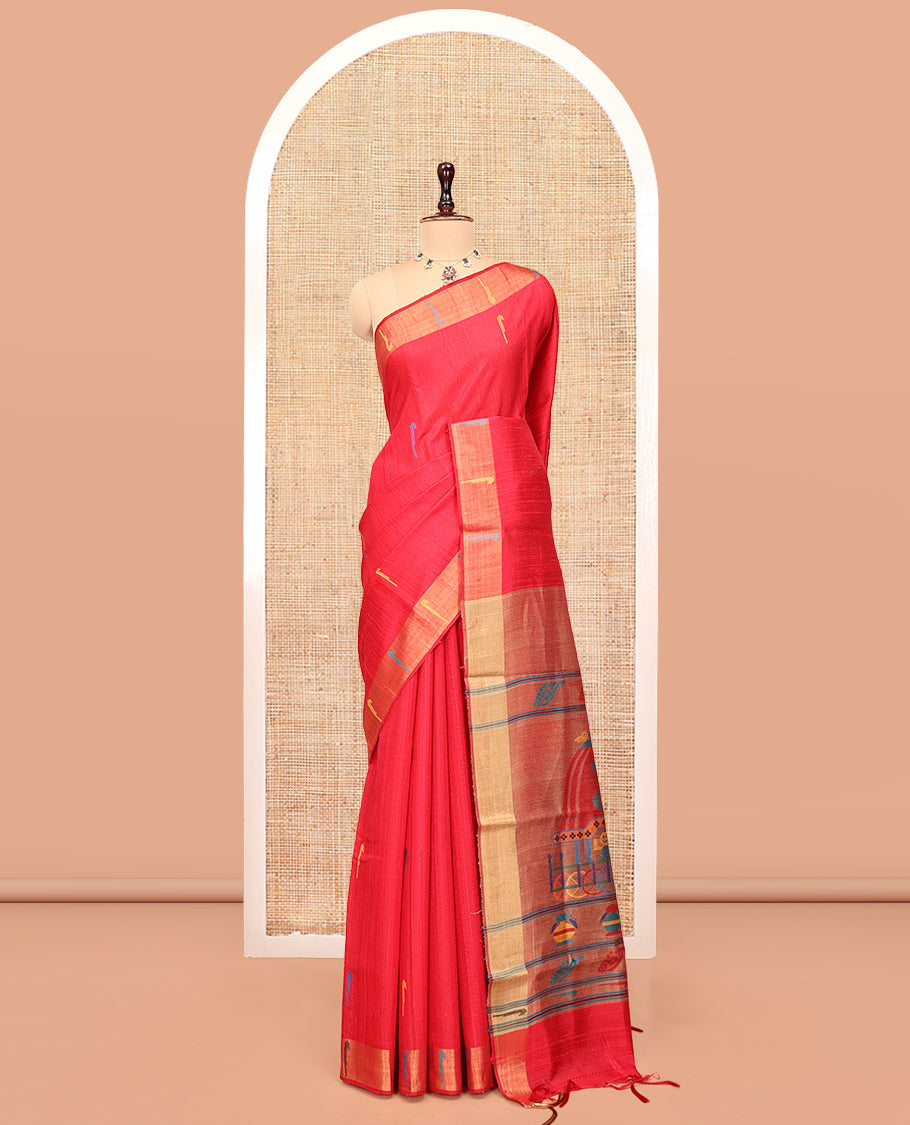 Red Dupion Silk Saree, Bedecked with Muniya Buttas, a Muniya Border, Pallu Depicts Colorful Designs, and a Matching Blouse