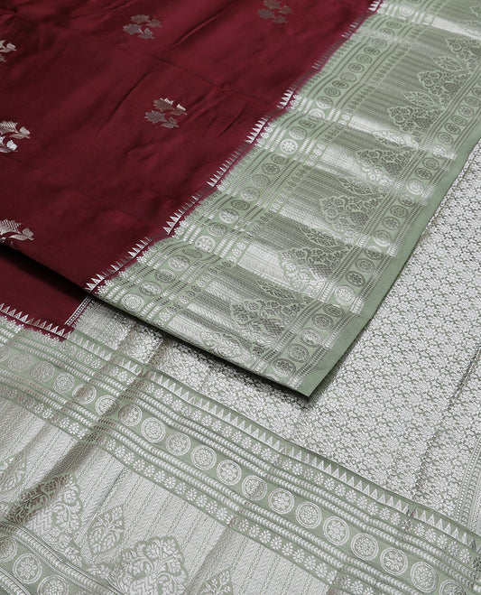 Maroon motifs raw mango silk saree with contrast zari design & floral design pallu