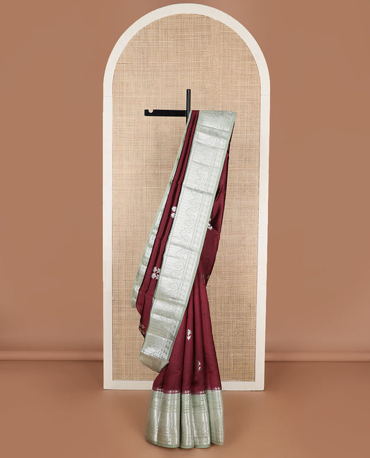Maroon motifs raw mango silk saree with contrast zari design & floral design pallu