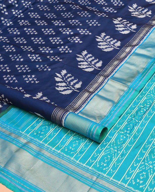 Blue ikkat saree with buttas, contrast zari border & pallu of ikkat design & stripes