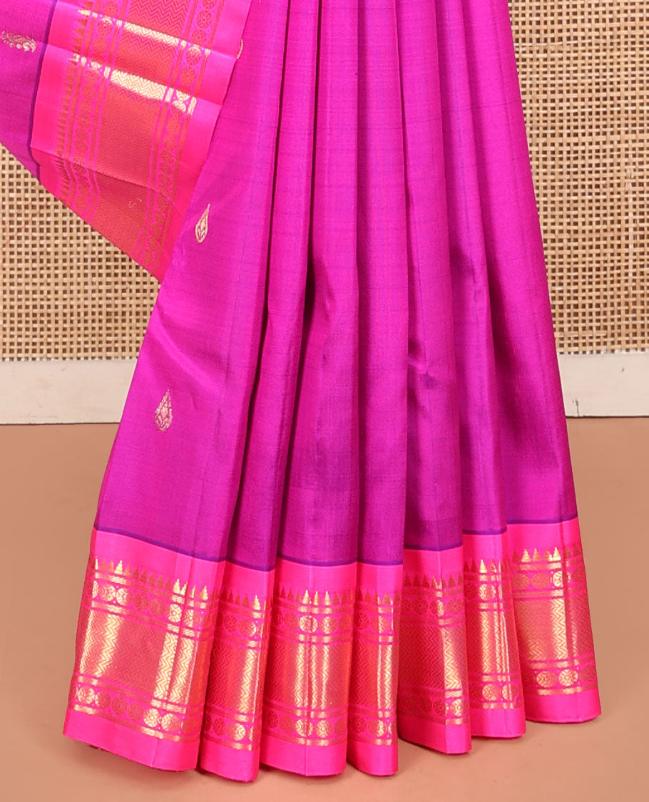 Pink Kanchipuram Silk Saree, Accentuated with Zari Buttas, a Semi-Contrast One-Sided Border of Rekku, Banaras, and Mayil Kan, Zari Design Pallu, and No Blouse