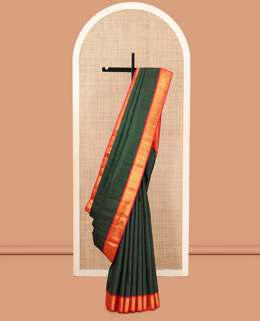 Green Checked Kanchipuram Silk Saree, Complemented by a Contrast Korvai Border of Thilakam, Poun, and Jaal Designs, Grand Jaal Pallu, and a Contrast Blouse