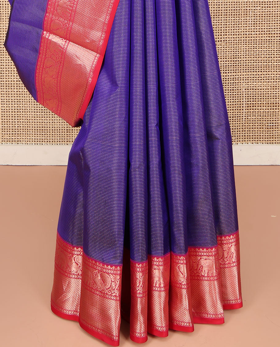 Voilet Kanchipuram Silk Saree, Beautifully Bedecked with Zari Stripes All Over Its Body, Complemented by Contrast Zari Border of Yaanai, Mayil, Kamalam, and Mayil Kann Designs, Textured Pallu, and Paired with a Contrast Blouse