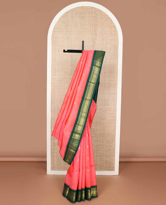 red buttas kancheepuram silk saree with contrast korvai border of rekku, banaras design & floral pallu