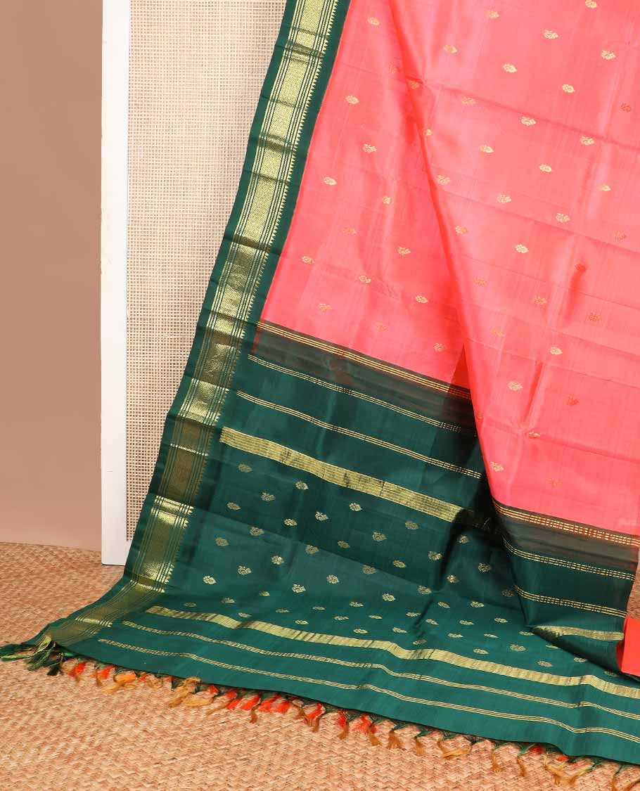 red buttas kancheepuram silk saree with contrast korvai border of rekku, banaras design & floral pallu