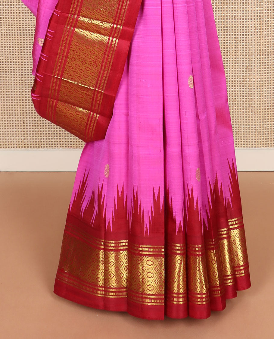 Pink zari buttas kanchipuram silksaree, contrast one-sided thazampoo rekku border of muthu,banaras & jaal & zari design pallu