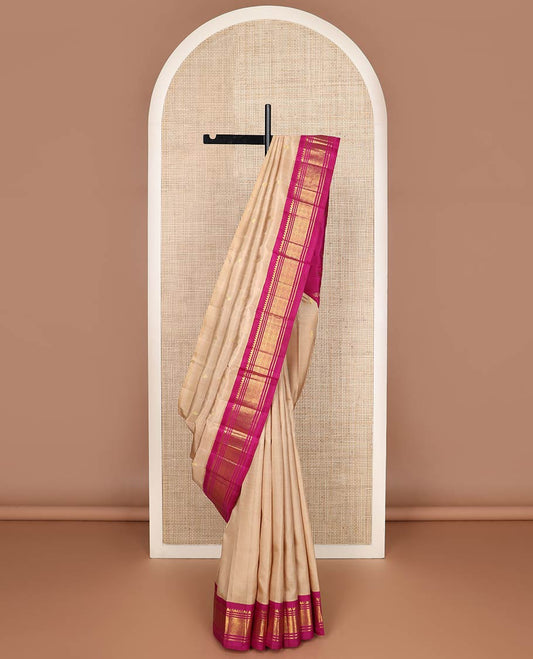 Sandal buttas kanchipuram silk saree, contrast one-sided korvai zari border of rekku,banaras & jaal & zari design pallu