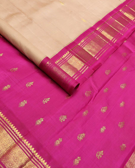 Sandal buttas kanchipuram silk saree, contrast one-sided korvai zari border of rekku,banaras & jaal & zari design pallu
