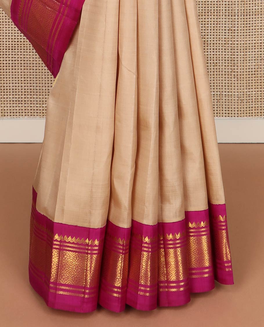 Sandal buttas kanchipuram silk saree, contrast one-sided korvai zari border of rekku,banaras & jaal & zari design pallu