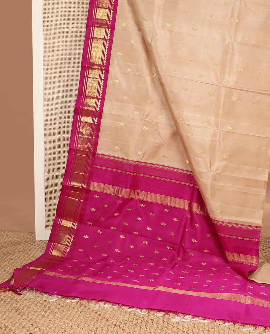 Sandal buttas kanchipuram silk saree, contrast one-sided korvai zari border of rekku,banaras & jaal & zari design pallu