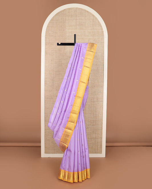 Lavender zari buttas Kanchipuram silk saree, contrast border of panner sombu,banaras,muthu & jaal & zari design pallu