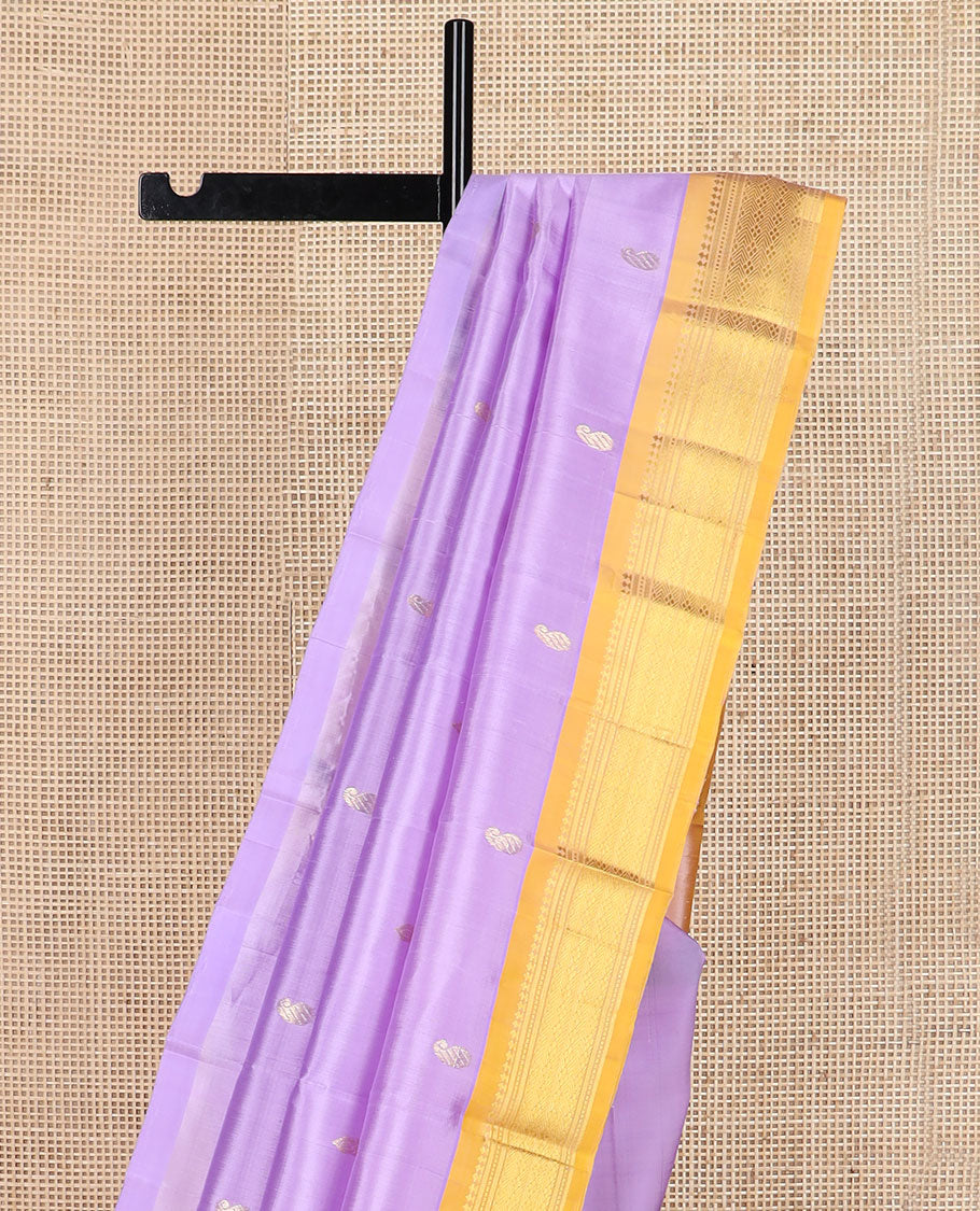 Lavender zari buttas Kanchipuram silk saree, contrast border of panner sombu,banaras,muthu & jaal & zari design pallu