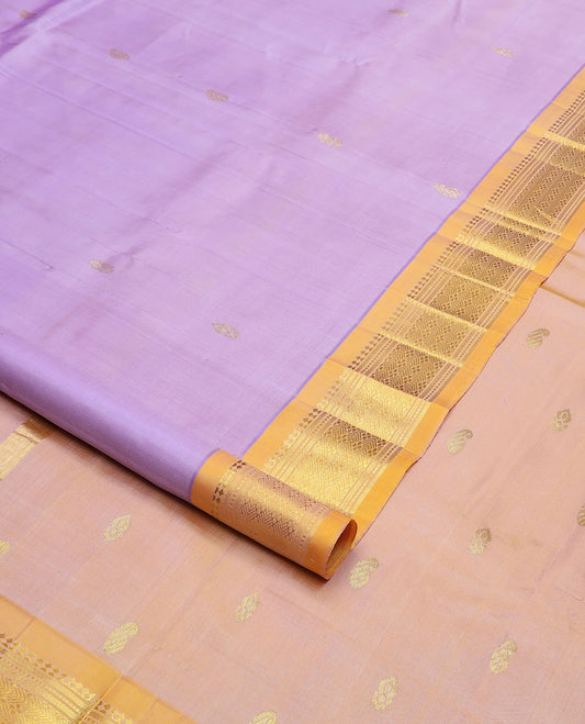 Lavender zari buttas Kanchipuram silk saree, contrast border of panner sombu,banaras,muthu & jaal & zari design pallu