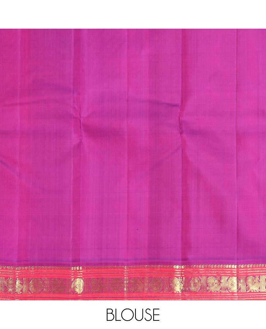Red zari buttas Kanchipuram silk saree, contrast border of manga, neli, annam and chakram designs, and poun and diamond motifs steeped pallu