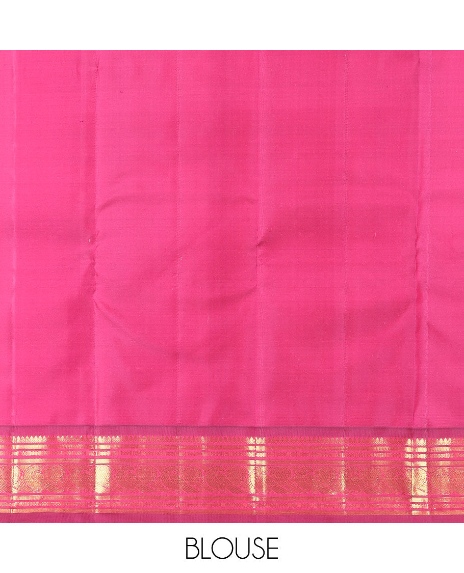 Blue mayil chakram buttas Kanchipuram silk saree, contrast thazampoo rekku border of thilakam mokku, banaras, rudraksham, and mayil designs, and intricate pallu