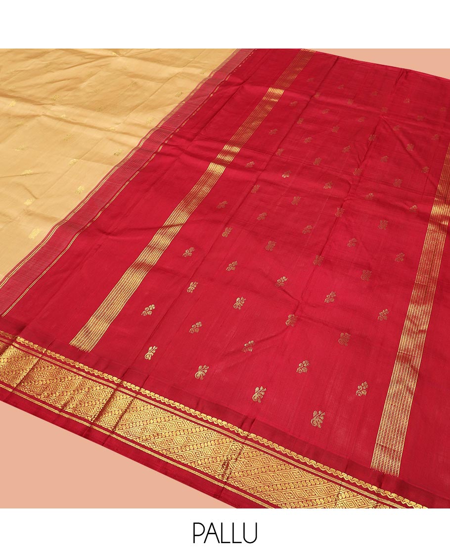 Sandal Kanchipuram Silk Saree Sparsely Sparkled with Zari Buttas All Over Its Body, Complemented by a Contrast One-Sided Korvai Border of Traditional Designs, Pallu of Zari Designs, and Comes Without a Blouse