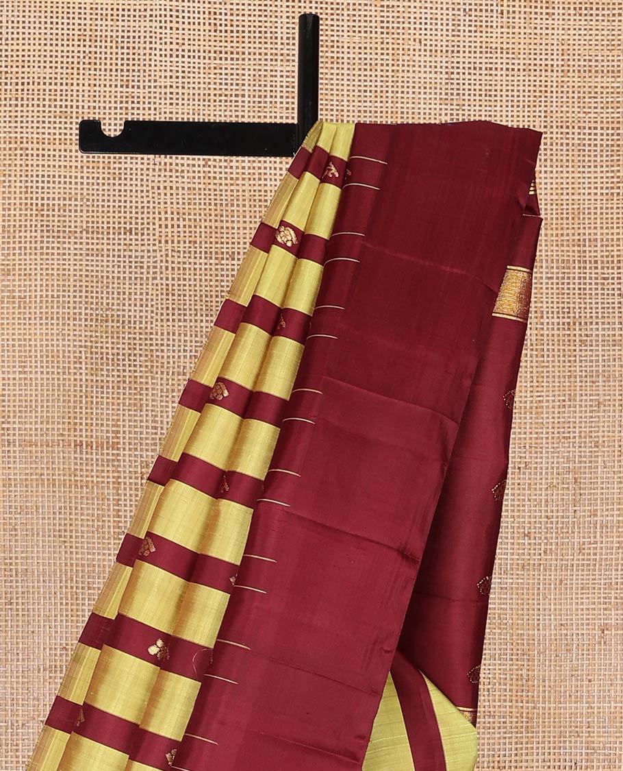 Maroon & sandal striped kancheepuram silk saree with zari buttas, one-sided thazampoo reku border & pallu of zari designs