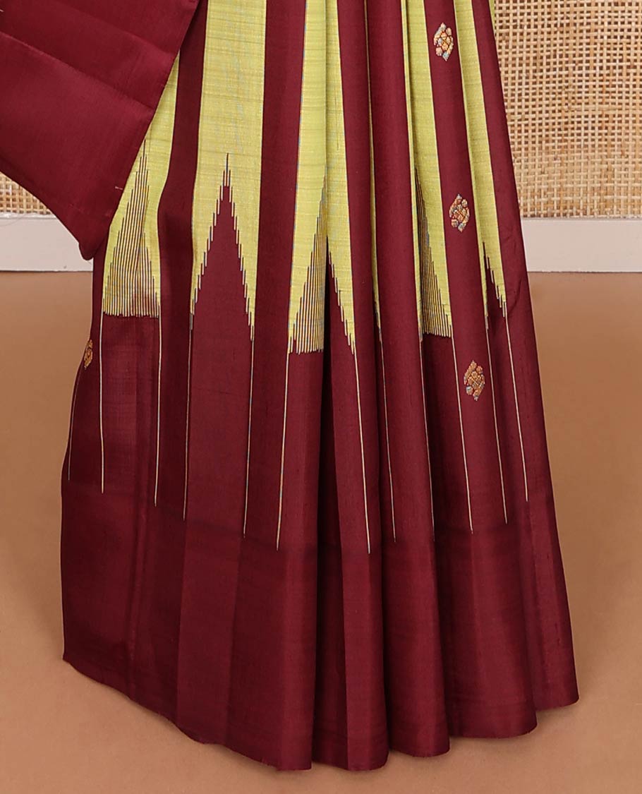 Maroon & sandal striped kancheepuram silk saree with zari buttas, one-sided thazampoo reku border & pallu of zari designs