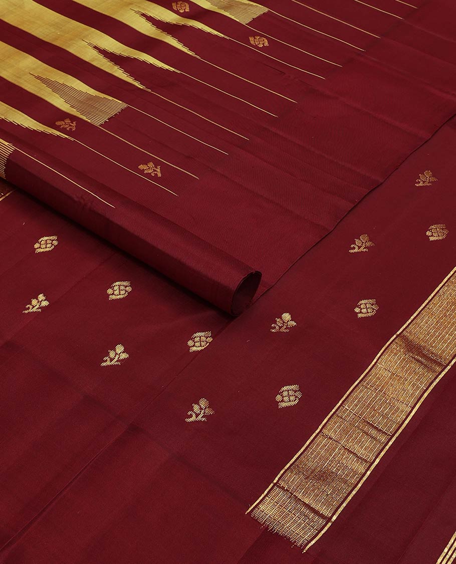Maroon & sandal striped kancheepuram silk saree with zari buttas, one-sided thazampoo reku border & pallu of zari designs