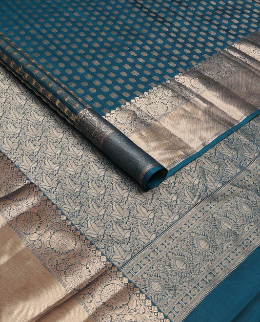 Blue annam chakram buttas silk saree, zari border of thilakam mokku,rettai neli & dhavanai kodi designs & leaf jaal pallu