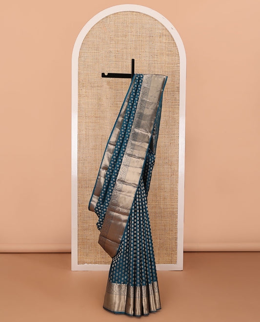 Blue annam chakram buttas silk saree, zari border of thilakam mokku,rettai neli & dhavanai kodi designs & leaf jaal pallu