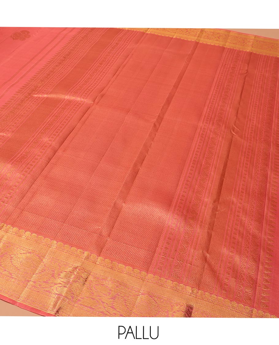 Pink Kanchipuram Silk Saree, Elevated with Zari Buttas All Over Its Body, Highlighted by a Zari Border of Traditional Designs, Pallu of Jaal Designs, and Paried with a Matching Blouse
