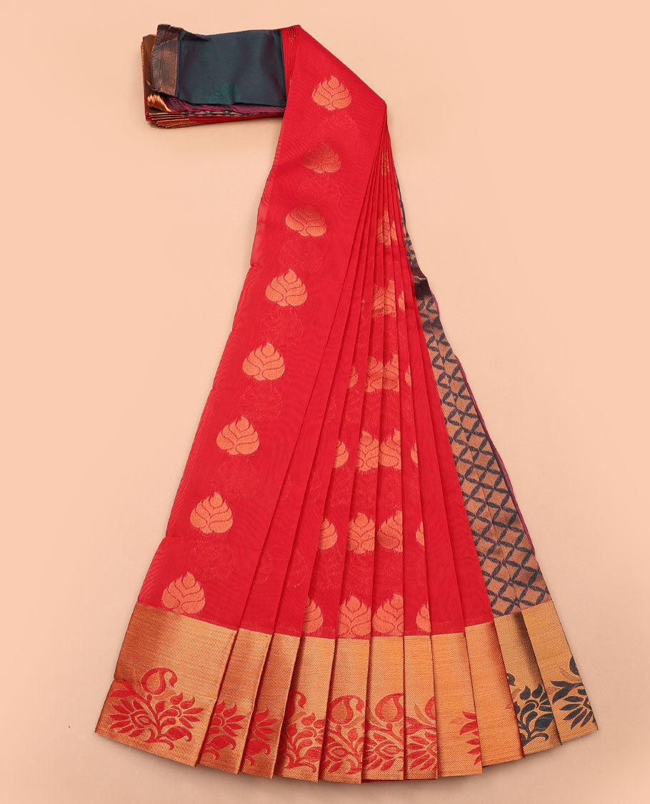 Red leaf design kora cotton saree with contrast floral design border & argyle design pallu
